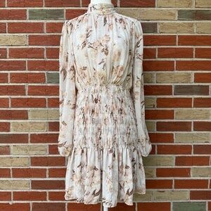 House of Harlow NWT 1960 Long Sleeve Cream Tan Floral Smocked Mini Dress 👗
